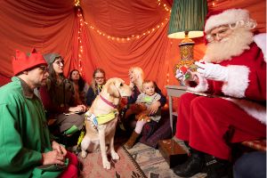 family with guide dog at inclusive christmas grotto